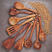 9 Piece Natural Teak Wooden Kitchen Utensil Set